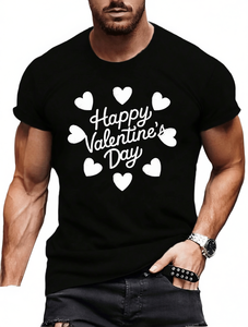 T-Shirt in Cotone da Uomo con Stampa Cuore 'Happy Valentine's Day', Casual, Manica Corta, Vestibilità Regolare, Collo Tondo, Lavabile in Lavatrice - Product Image 1
