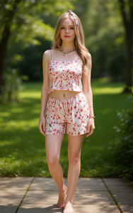 LQD119 1 Completo da donna due pezzi in cotone e bambù con stampa floreale, vestibilità ampia e casual, traspirante, per primavera/estate, uso quotidiano - Product Image 2