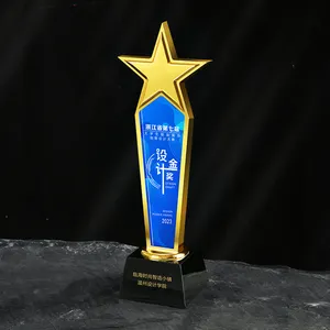 New Design Zinc Alloy Awards Customized Etching Logo Metal Star Crystal Glass Trophy