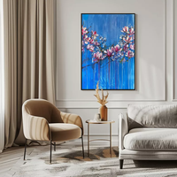 Peinture à l'huile moderne abstraite florale bleue sur toile, relief 3D, peinte à la spatule, impasto épais, décoration murale florale