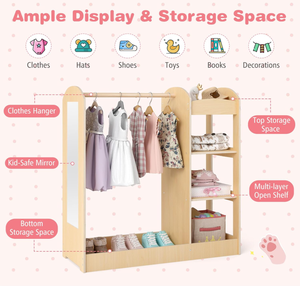 Rangement pour vêtements pour enfants avec miroir Étagères à 3 niveaux Commode Organisateur Centre Ouvert Armoire Suspendue Placard Petites Filles - Product Image 3