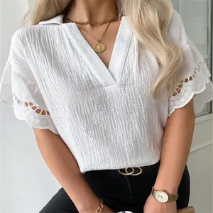 2023 Zomer Groothandel Goedkope Witte Gerimpelde Blouse Kanten Korte Mouw T-Shirt V-Hals Vrouwen Tops Blouses