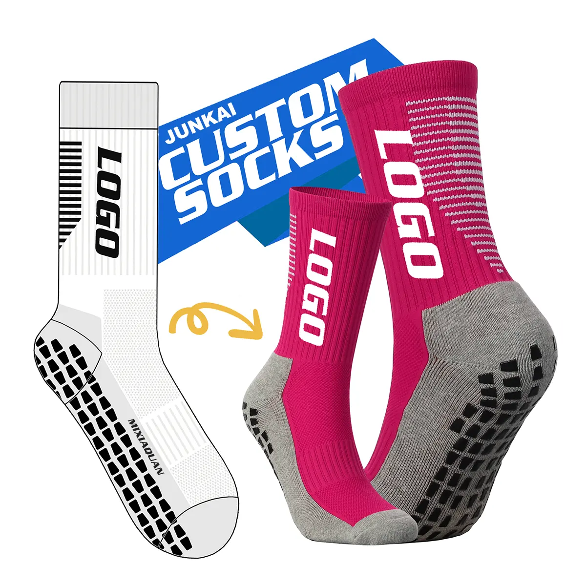 Custom Logo Cotton Stickied Sports Soccer Socks Customized Men Anti Slip Grip Football Socks