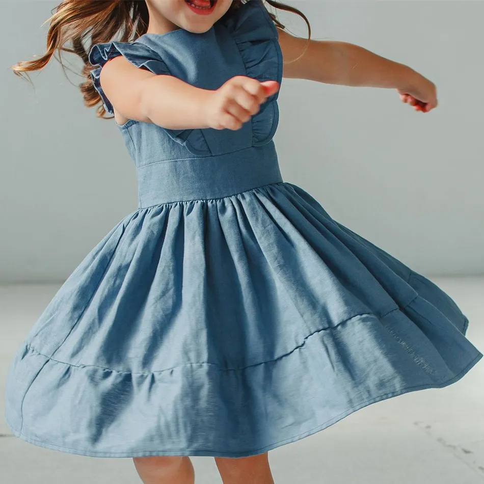 New Promotion Cheap Price OEM Accept Blue Linen Party Dresses For Girls Manufacturer China