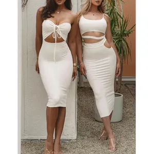 Ladies Dresses 2024 Summer Elegant Women Clothing Fashion Sexy 2 Piece Midi Dress And Crop Top Set