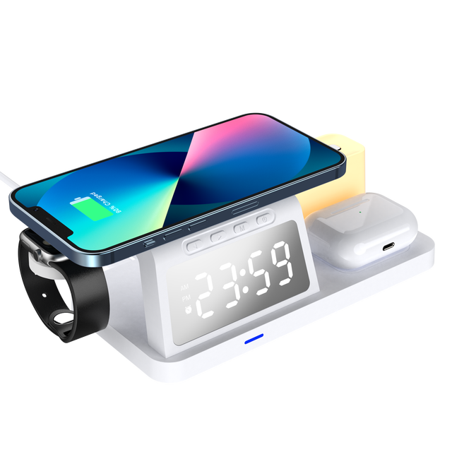Wireless Charging Station 4 in 1 Charging Station, Alarm Clock with Wireless Charger Charging Dock for iPhone 17 Samsung Galaxy
