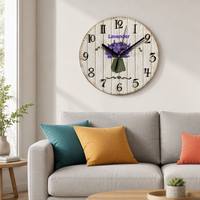 Jam Dinding Dekoratif Set Empat Buah Bertekstur Kayu MDF Gaya Art Deco Lavender, Beroperasi dengan Baterai, Senyap, untuk Dapur dan Ruang Tamu