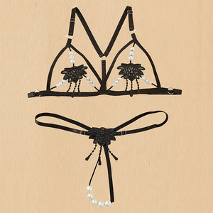 Conjunto de Lencería Sexy para Mujer, Tres Piezas, Bordado, Estilo con Borlas de Perlas Negras - Product Image 2