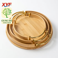 Minimalistische ronde bamboe serveerschaal met handvat voor thuis, hotel, thee, fruit, cake, snacks, groothandel bamboe theeschotel
