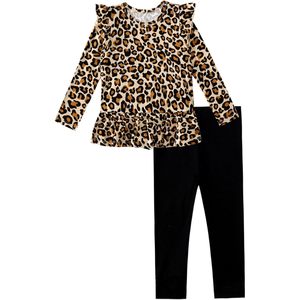 Conjunto de Ropa para Bebés Niñas al por Mayor, Top de Manga Larga con Estampado de Leopardo y Volantes, con Pantalones Negros, Ropa Transpirable de Algodón y Fibra de Bambú - Product Image 1