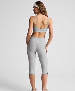 Eco Friendly Solid Color Bra Top And Mid-Rise Waistband Side Slit Classic Length Capri Pants <b>Legging</b> Sets for <b>Women</b> - Product Image 2