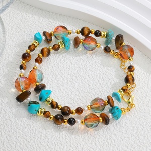 Vintage Bohemian Multi-Gem <b>Beaded</b> Stainless Steel 18K Gold Plated Necklace Bracelet <b>Set</b> Tiger Eye Turquoise Glass Pearl Mixed - Product Image 2