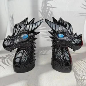 Cabeza de dragón de obsidiana negra de cristal Natural de alta calidad tallada a mano al por mayor para decoración del hogar