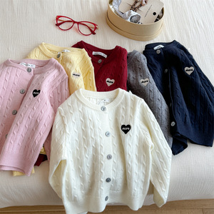 Tongxingyuan Girls Knitted Cardigan Sweater Solid Color Heart Patch Spring Autumn Cotton Kids Top - Product Image 2