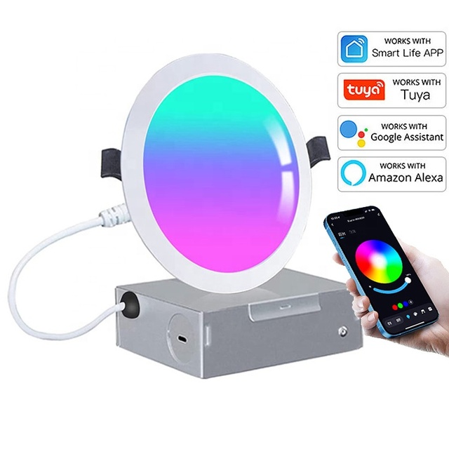 Ultra Slim 9W 12W 18W RGB Dimming Color Changing Modern Intelligent Recessed LED Downlight Junction Box Tuya App Control 30000