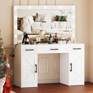 Coiffeuse de chambre personnalisée en bois écologique style ferme, avec <span class=keywords><strong>3</strong></span> <span class=keywords><strong>tiroirs</strong></span>, 2 armoires et miroir éclairé par LED - Product Image 1