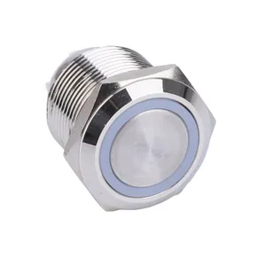 19mm 1NO Latching Flat Round Head 4 Pin Terminals Brass Ring LED 12V Illuminated Waterproof Push Button Switch IP65 2A