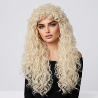 Perruque synthétique longue bouclée blond doré clair, brun, noir avec frange, en fibre résistante à la chaleur, pour usage quotidien, fibre haute température