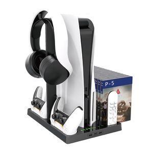Soporte Vertical con soporte para auriculares y ventilador de refrigeración, Base para consola PS5 y accesorios, 15 ranuras de disco de juego y organizador remoto multimedia - Product Image 1