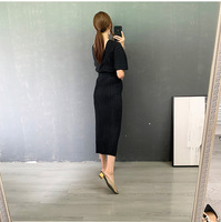 Robe noire en polyester de haute qualité pour femmes, élégante, ample, à taille cintrée, plissée style Miyake