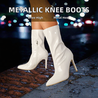 Bottes longues pour femme, chaussures d'hiver et d'automne 2023, métalliques, à talons hauts, au-dessus du genou, à enfiler, avec fermeture éclair, semelle extérieure en caoutchouc