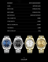 Montres automatiques mécaniques CADISEN C8185 pour homme, lumineuses, trois aiguilles, affichage de la date, acier inoxydable massif, fermoir papillon