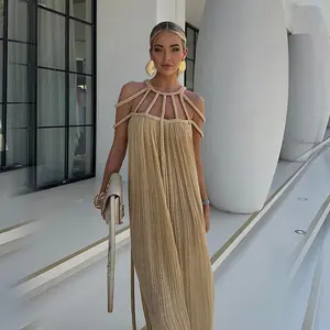 Halter Crochet Beach Maxi Dress Cut Out Sexy Split Dresses Off Shoulder Party Vestido Korean Women Chic Fashion Robe Y2k