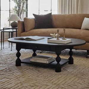 French Style Oval Solid Wood Coffee <b>Table</b> <b>Black</b> Vintage Double Drawer Living Room Furniture - Product Image 1