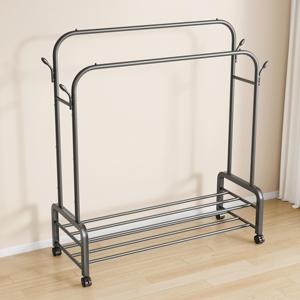 Double-Rod Metal Clothes Rack 2-Tier Storage <strong>Shelves</strong> 4 <strong>Hooks</strong> Rust-proof Movable Coat Rack Bag Storage Modern Detachable Design - Product Image 1