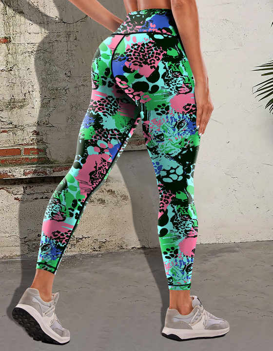 Cougar Block Print Butt Lift Yoga Workout Pants - High Waisted