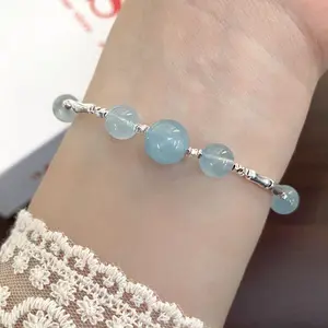 Aquamarine Bamboo Crystal Beads Women's Chain Bracelets New Simple 925 Sterling Silver Crushed Silver Link Bangle For Women