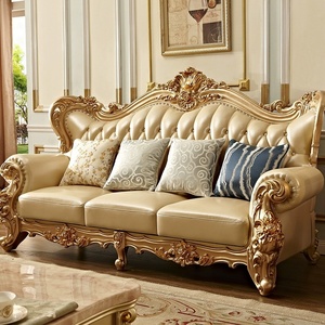 Ensemble de canapés en cuir véritable de style européen 123, design à bandes droites, garnissage en éponge haute densité, sculpté, première couche, pour salon - Product Image 1