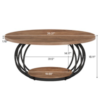 Table basse ronde industrielle de 39,4 pouces à 2 niveaux avec étagère de rangement, structure en métal, meubles de salon rustiques marron noir