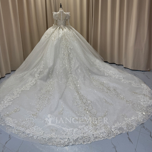 Mc069 Elegant High Neck Puff Sleeve Crystal Beaded Lace Applique Glitter Tulle Ball Gown Wedding <b>Dress</b> For Bride Jancember - Product Image 5