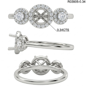 Anillo de compromiso de oro blanco de 18 quilates de primera calidad con triple halo y tres piedras, engaste central redondo, para novias, venta al por mayor OEM - Product Image 5