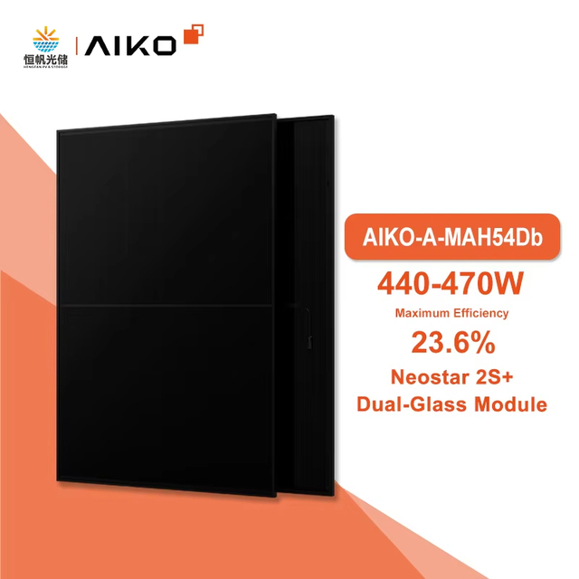 Aiko Solar Neostar 2S+ HJT BIPV N-Type Dual Glass Module 440W-470W Bifacial Full Black Solar Panels