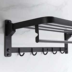 Black Wall-Mounted Towel Rack With <b>Shelf</b> And Hooks For Bathroom Storage - Product Image 4