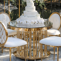Table de banquet de luxe en verre rond doré et acier inoxydable durable pour extérieur, hôtel, salle à manger, table à gâteau de mariage, mobilier d'hôtel