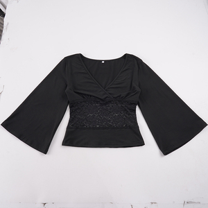 Top corsé de encaje con cuello en V profundo para mujer, camiseta corta con mangas acampanadas y corte ajustado, blusa Y2K Sweet Sexy Clubwear - Product Image 2