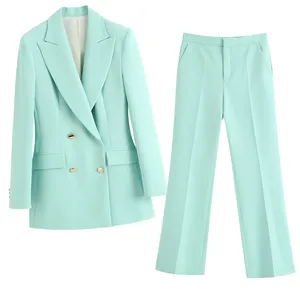 business clothing Factory Custom slim fit formal pant suit 2 piece set solid mint office attire for women