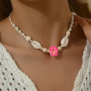 Factory Direct Sales Summer Beach Vacation Egg Flower Necklace Ocean Shell Wood Beads Hand Woven Adjustable Necklace Women