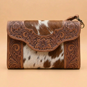 Western Genuine Leather Cowhide Handtooled Short Crossbody Animal Prints Embossed Envelope Purse Vintage Shoulder Coin Holder - Product Image 1