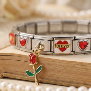 <b>Red</b> Heart Rose Module Set Stainless Steel DIY Jewelry <b>Bracelet</b> Unisex Gift Charm <b>Bracelet</b> - Product Image 1
