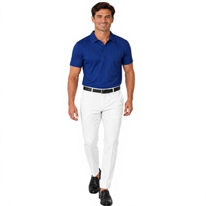 Polo de Punto Azul Liso para Hombre, Manga Corta, Diseño Acanalado, Suave y Transpirable, Ropa Casual Elegante, Venta al Por Mayor OEM - Product Image 1