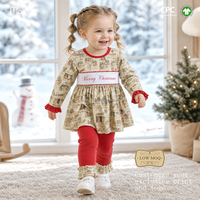 Pakaian Anak Perempuan Model Smocked, Set Tunik dan Legging Natal, Motif Koran Retro, Pakaian Liburan Meriah