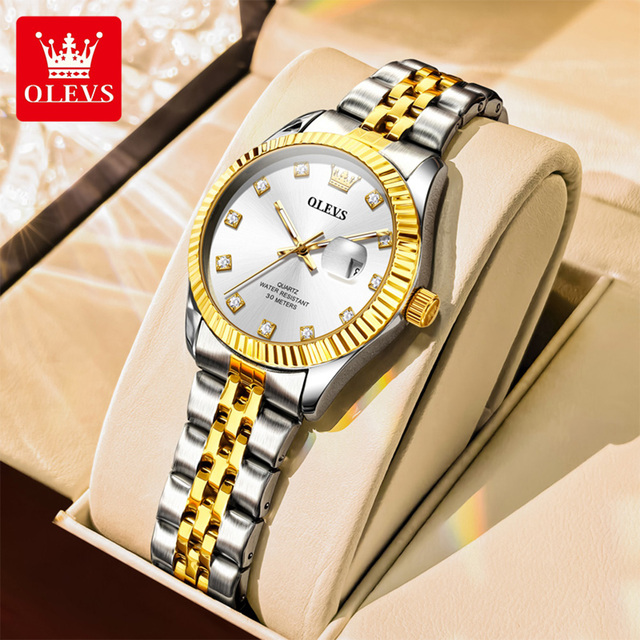 OLEVS 3705 Classic Business Luxury Brand Diamond Fashion Oem Custom logo Calendar Stainless Steel Quartz Ladies Woman Watch