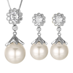 Fashion Jewelry Set Eco-friendly Copper Silver Plated <b>Delicate</b> 16-14MM White Shell Pearl <b>Necklace</b> Earrings Sets - Product Image 1
