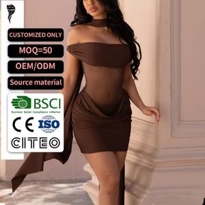 Vestido Mini de Malla Fruncida Estilo Nuevo 2026 Rouge Devotion para Verano, Vestido de Fiesta con Hombros Descubiertos y Cuello Halter para Mujer - Product Image 1