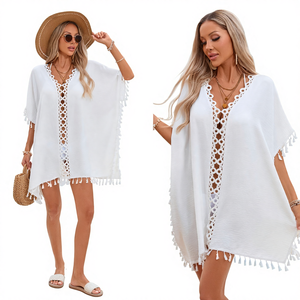 Vente en gros 2026 Nouveauté Blouse de plage cache-maillot ajourée au crochet patchwork à pompons pour femme - Product Image 1