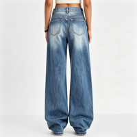 Jean vintage bleu clair délavé, coupe droite, jambe large, taille basse, extensible, pour femme